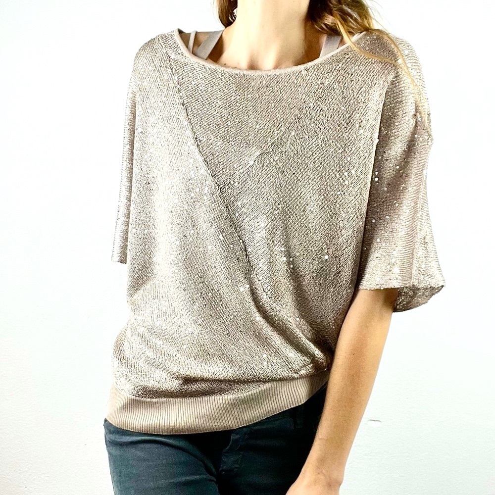 ALFANI | Champagne Sparkly Sequined Loose Dolman Batwing Shrug Sweater - Picture 1 of 10